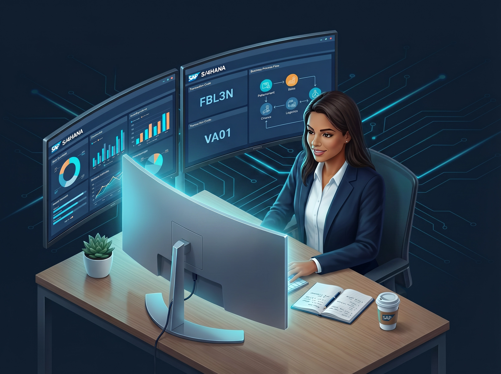 Profissional aprendendo SAP S/4HANA com múltiplos monitores exibindo dashboards, transações e módulos ERP