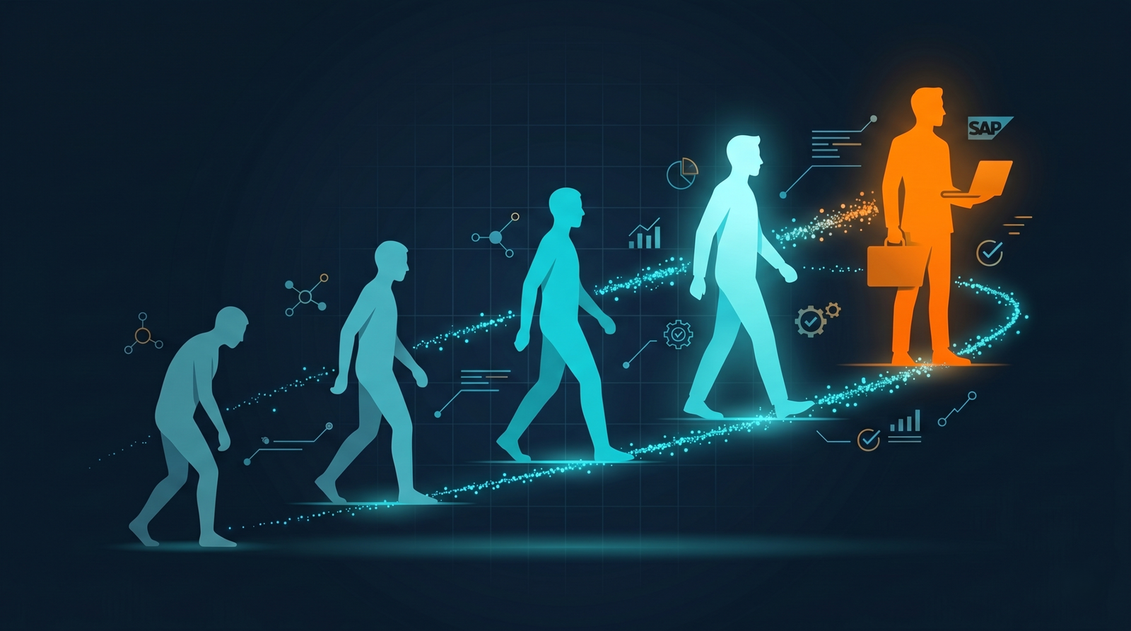 Ilustração da evolução do profissional SAP: silhuetas que evoluem de iniciante curvado até especialista ereto em laranja, sobre uma trilha de luz ascendente com ícones de tecnologia e o logo SAP