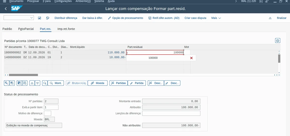 Tela real de uma aula de compensação de partidas de clientes no SAP S/4HANA